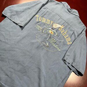 VTG Tommy Bahama 100% Silk Polo Shirt Blue Graphic Mix Master Back Embroidery M